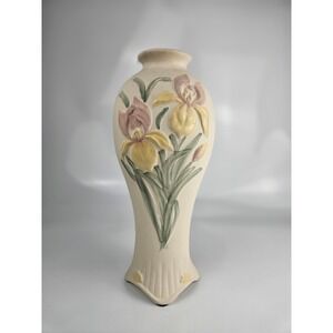 Vtg Harris Potteries Ceramic Vase Embossed Iris Flowers Cream Floral Home Decor